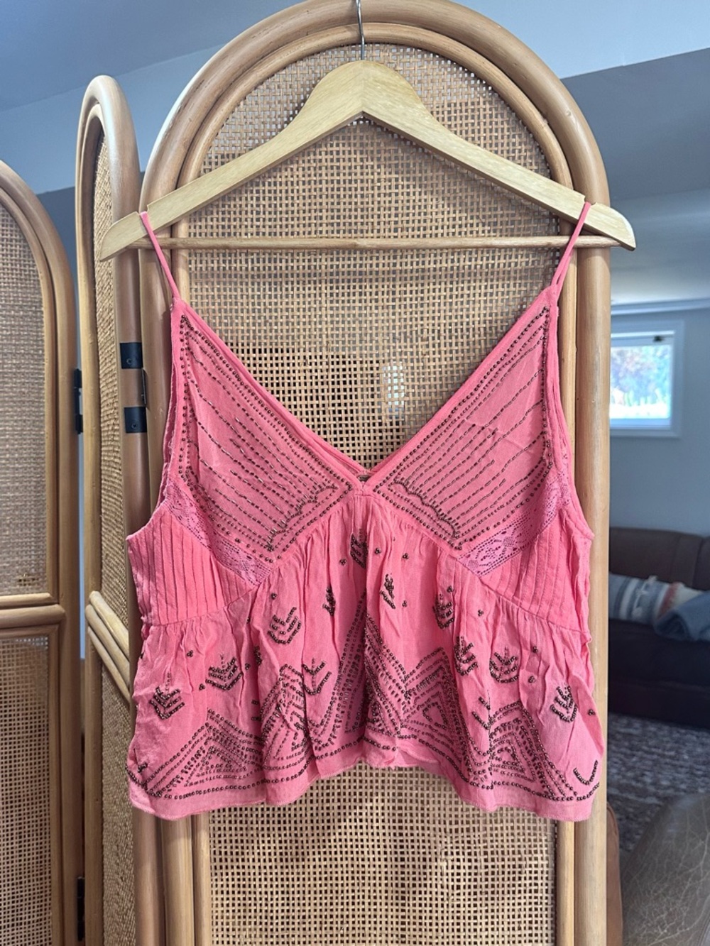 Free People Coral Pink Beaded Embroidered Tank Top